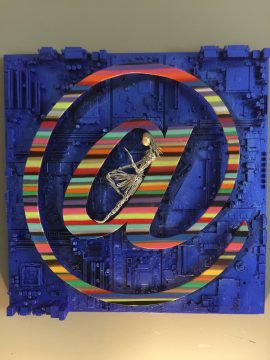Photo of Ozz's work, At Me Myself And Moi H:24”x W:24” computer components & mixed media